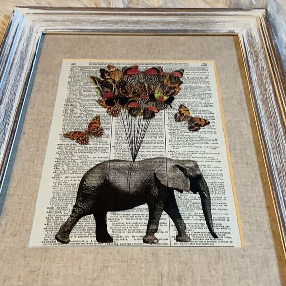 Framed Elephant and Butterfly Print on Recycled Encyclopedia Page - Picture 10 of 16